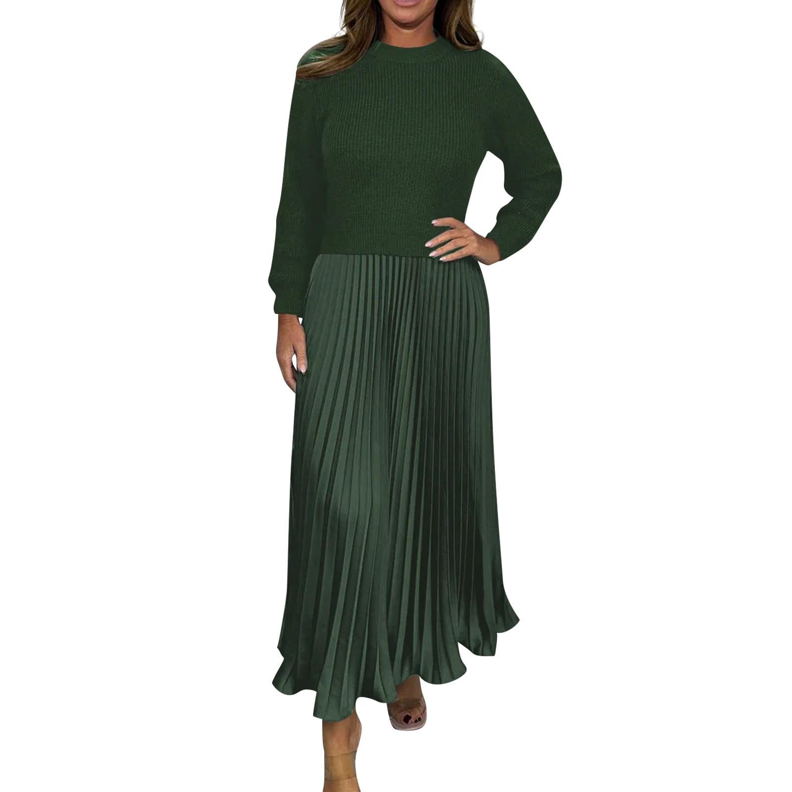 Damen Kleider Elegant Strick Patchwork Strickkleid Damen Winter Lang Faltenkleid Langarm Winterkleid Damen Elegant A Linie Pulloverkleid Frauen Winter Lange Plissee Kleid Casual Strickkleider