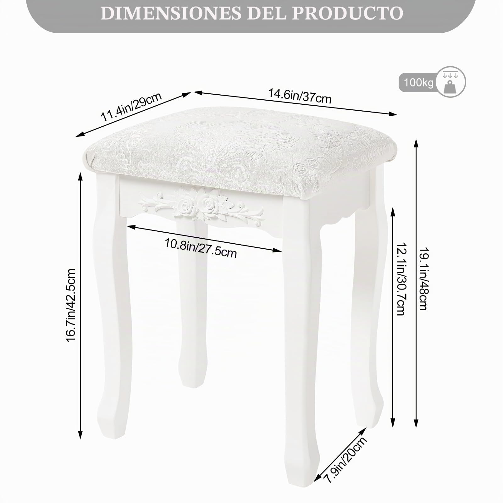 WOLTU Taburete de Maquillaje Rústico Tapizado Madera MDF Lacado Blanco Crema