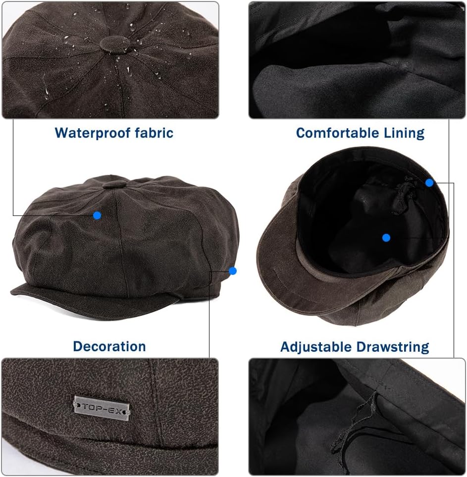 TOP-EX XL/XXLMens Newsboy Flat Cap Waterproof Faux Leather - 8 Panel Gatsby Irish Driving Golf Hat - Image 7