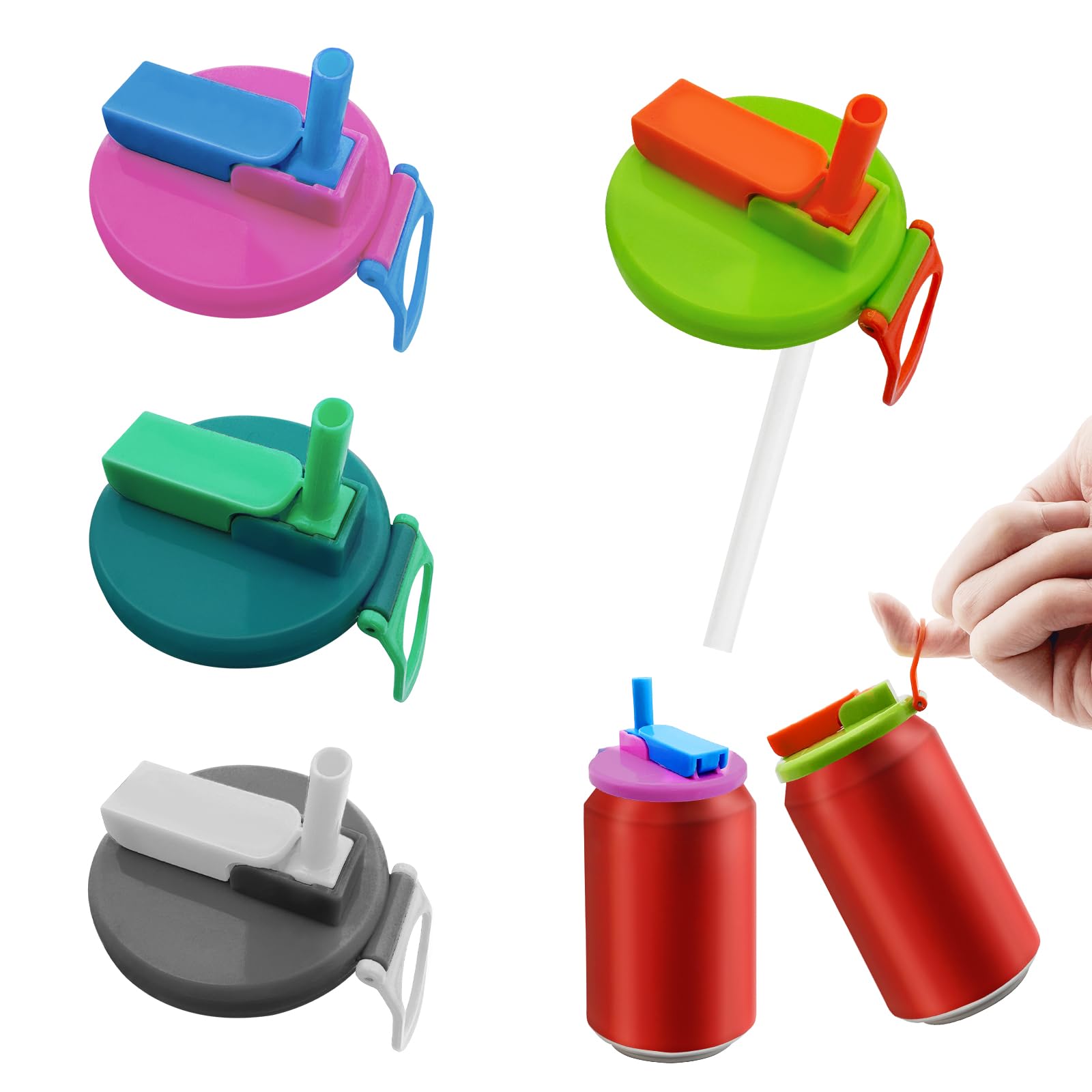 YELYTR Pack of 4 Can Lids with Straw, Lids for Energy Cans, Reusable Soda Lids, Applies to Cola, Beer Juice Sparkling Water, Lemonade (Mix of Colours)