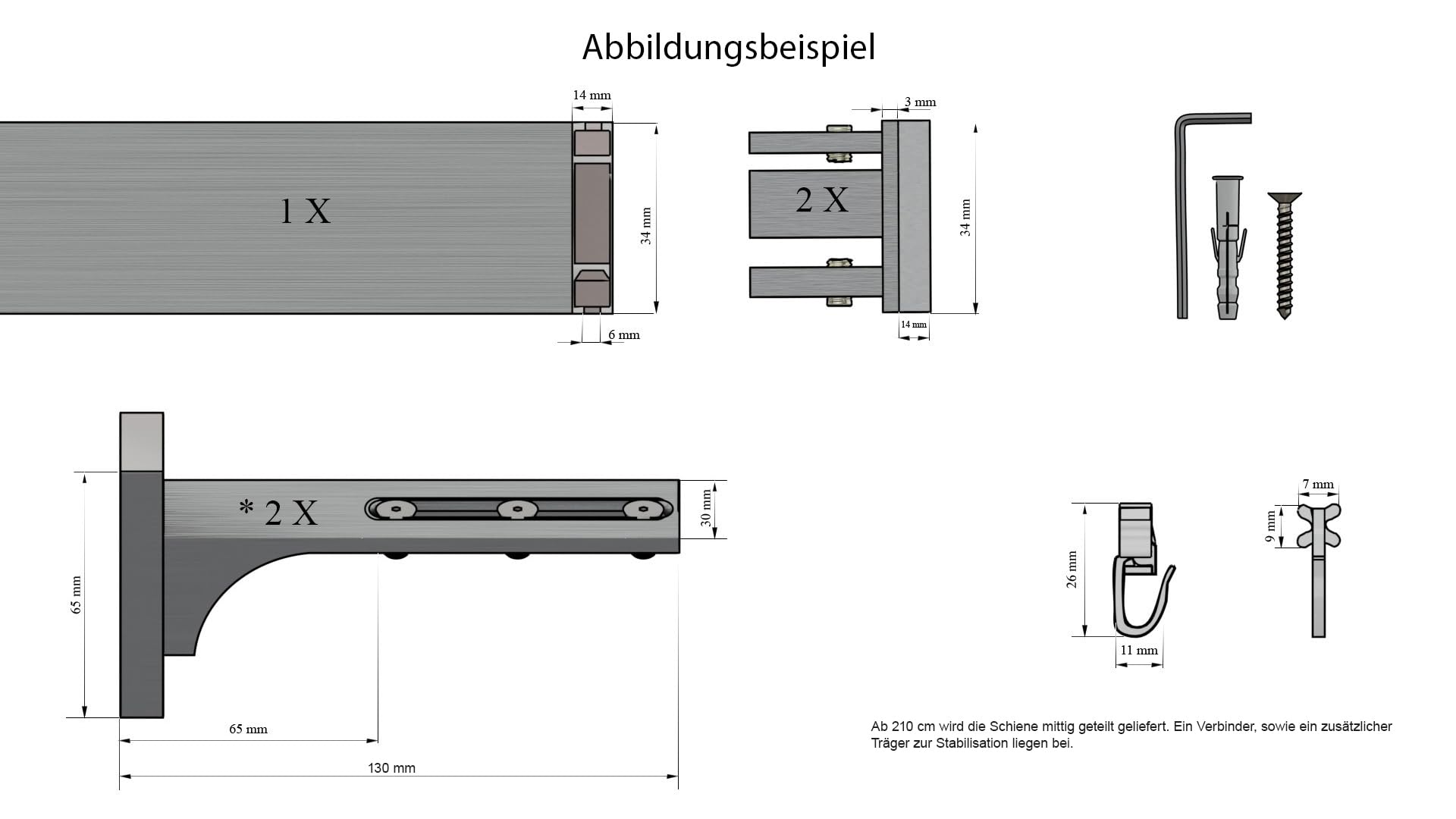 BERN, eckige Gardinenschiene mit Innenlauf aus Aluminium auf Maß, 1-Lauf, edelstahloptik, Komplettset mit Zubehör