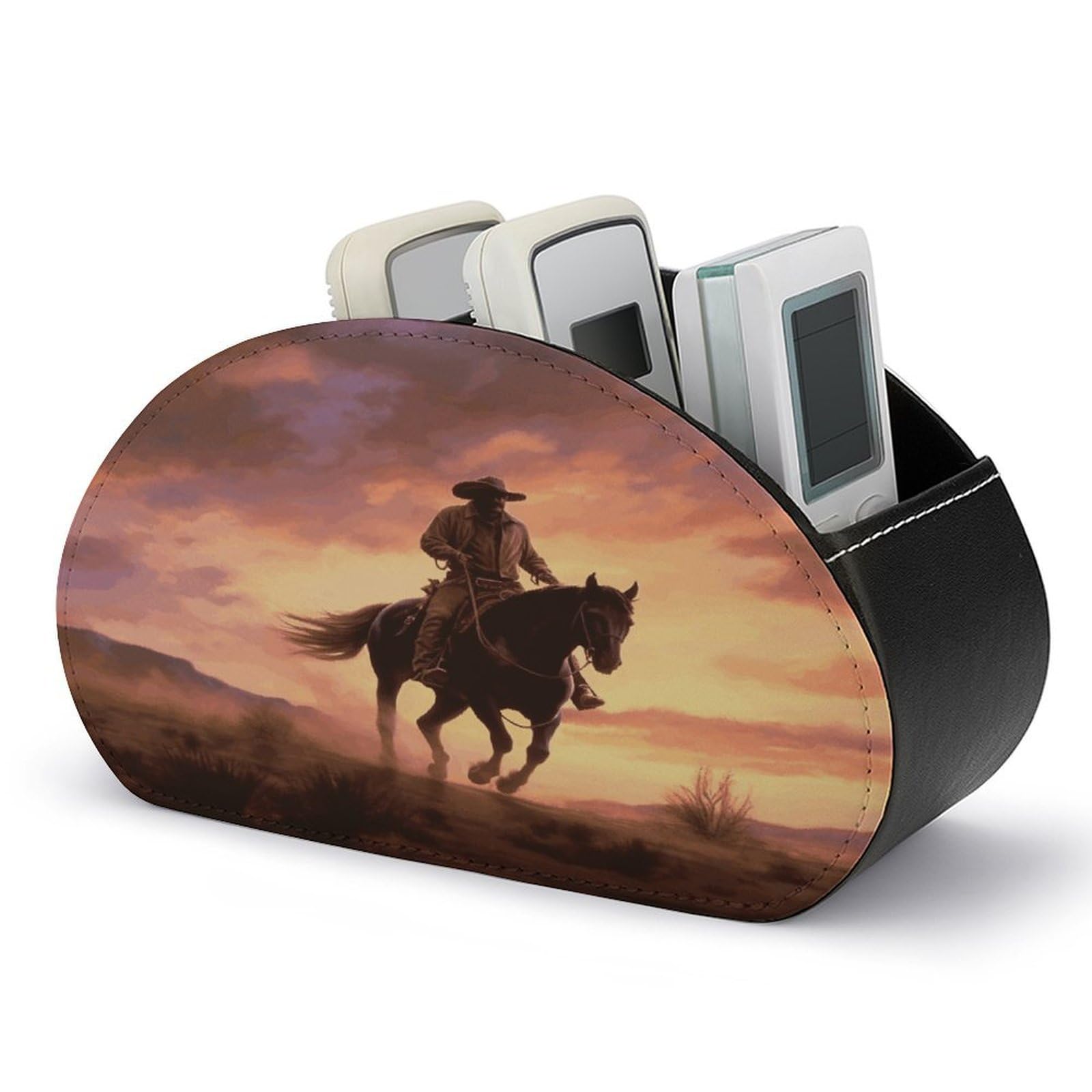 VstaDank Cowboy West Remote Control Holder with 5 Compartments Pu Leather TV Remote Caddy Storage Box Desktop Organizer Store Controller DVD Brush Pens Glasses&Office Supplies