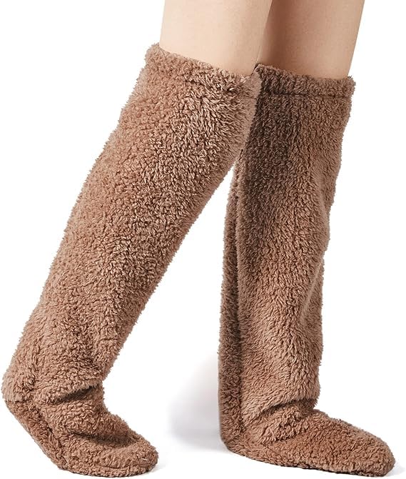 Image of Thigh High Fuzzy Socks for Women Long Fuzzy Socks for Women Knee High Fuzzy Leg Warmers Women Fuzzy Socks Long Fuzzy (Brown), Large