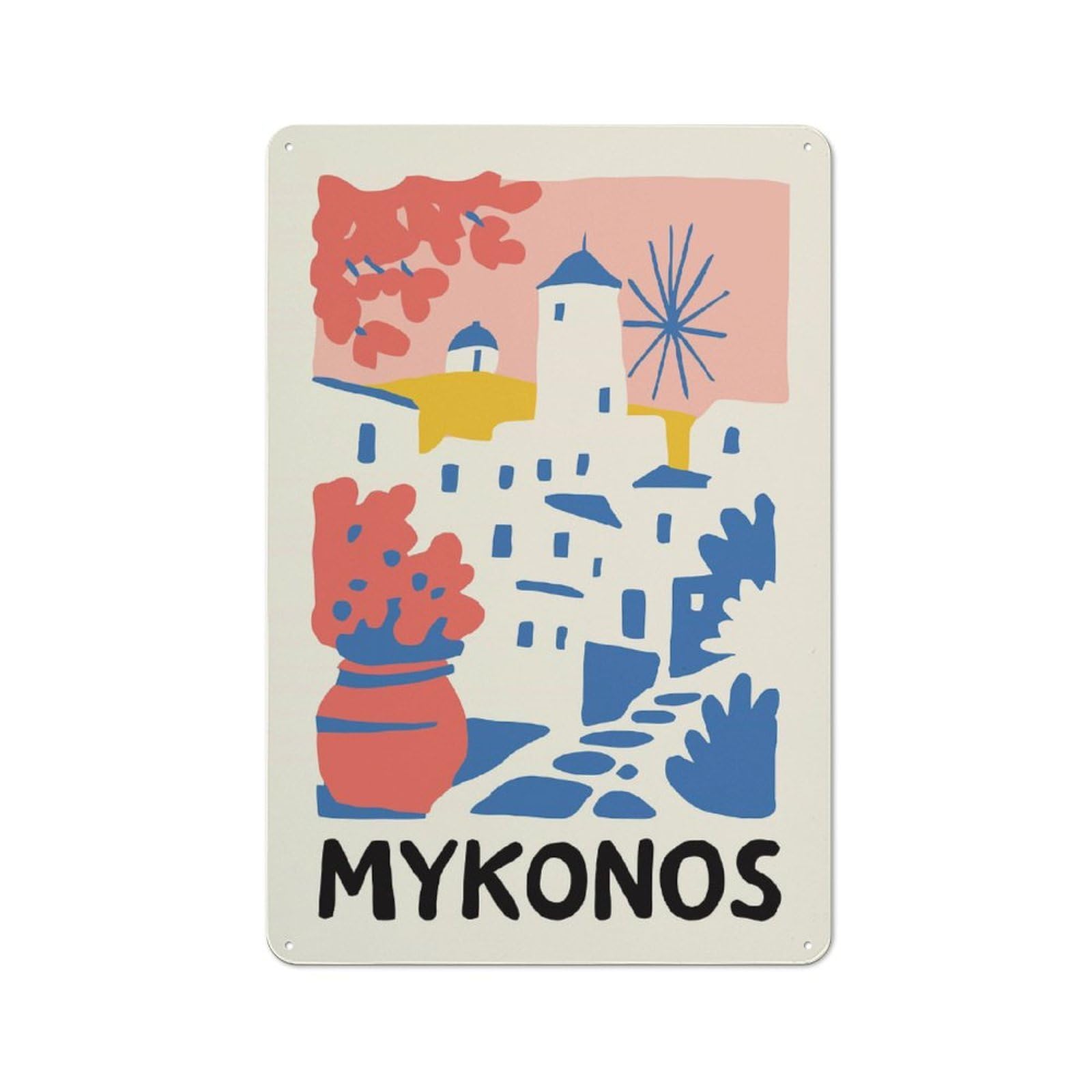 Vintage Metal Plaque 30x20cm Featuring Mykonos Travel, Diner Style Decor for Restaurant, Kitchen, Counter Or Breakfast Nook