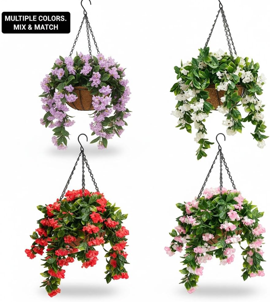 Set of 2 Faux Crepe Myrtle Hanging Baskets, 15 Inch UV Resistant Artificial Flowers for Outdoor Porch Patio Decor, Realistic Silk Floral Arrangements with Rattan Basket and Chain (Pink, 2pcs)
