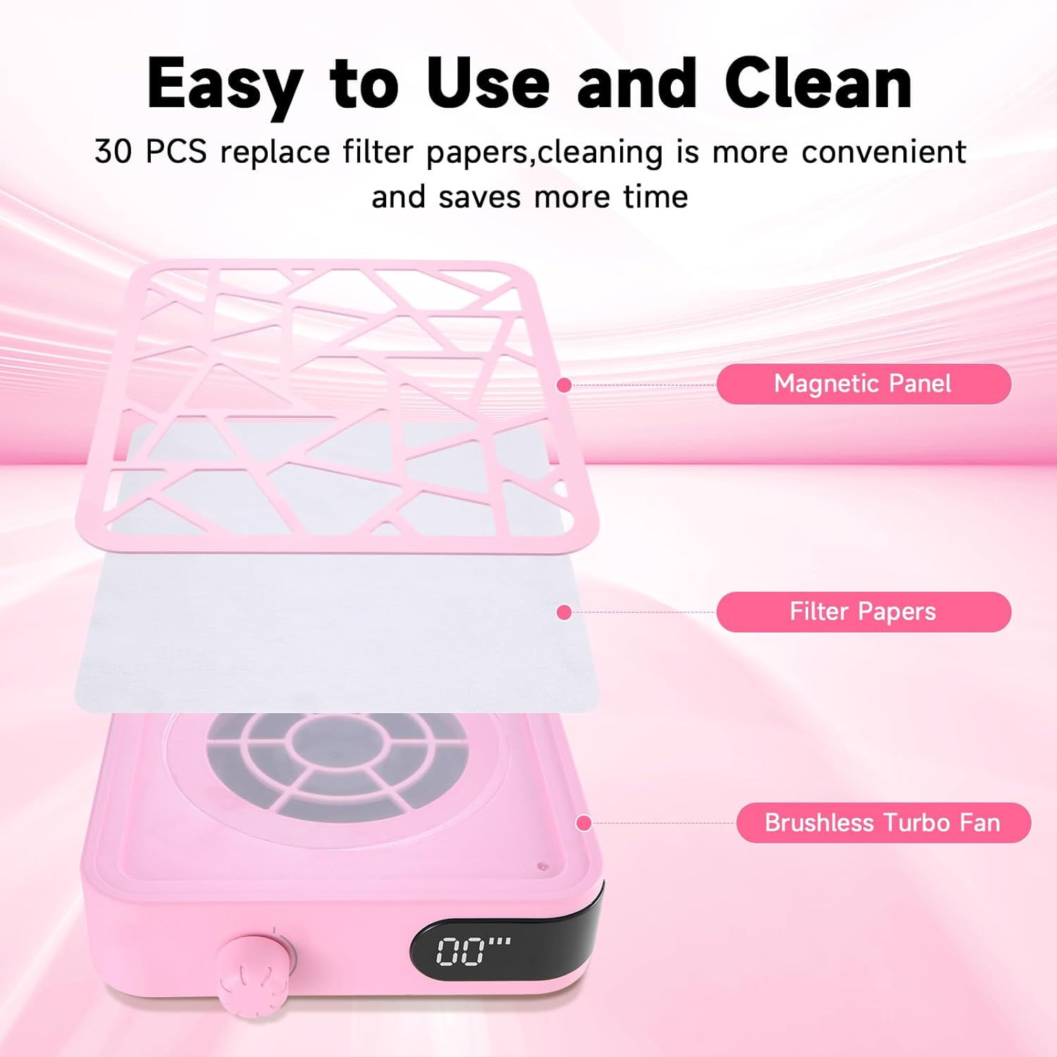Compact Nail Dust Collector-6000RPM Vacuum Dust Collector Fan with Filter Papers (30 Pcs) Auto Suction System, Powerful & Quiet Cordless Nail Vacuum for Salon, Home, and Training-Pink (Pink)