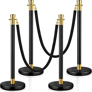 4 Pcs Stainless Steel Stanchions Post with 2 Pcs 5 ft Black Velvet Rope, Red Carpet Ropes and Poles Black Crowd Control Barrier Ball Top Stanchions Sand Injection Hollow Base and Velvet Ropes