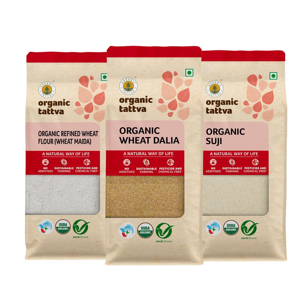 Organic Tattva, Organic Fiber Rich Whole Suji/Sooji Rava and Whole Wheat Dalia/Whole Wheat Maida Combo Pack, 1.5 KG (500 Gram Each) Pack of 3 (B0CBW4JJ4Z) Amazon Price History, Amazon Price Tracker