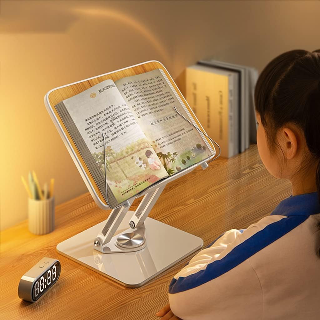 Adjustable 360° Rotating Floor Stand Book Holder for Reading Multi Height and Angle Cookbook Stand with Page Paper Clips Foldable for Laptop Textbook Silver Color Stand (/Silver)