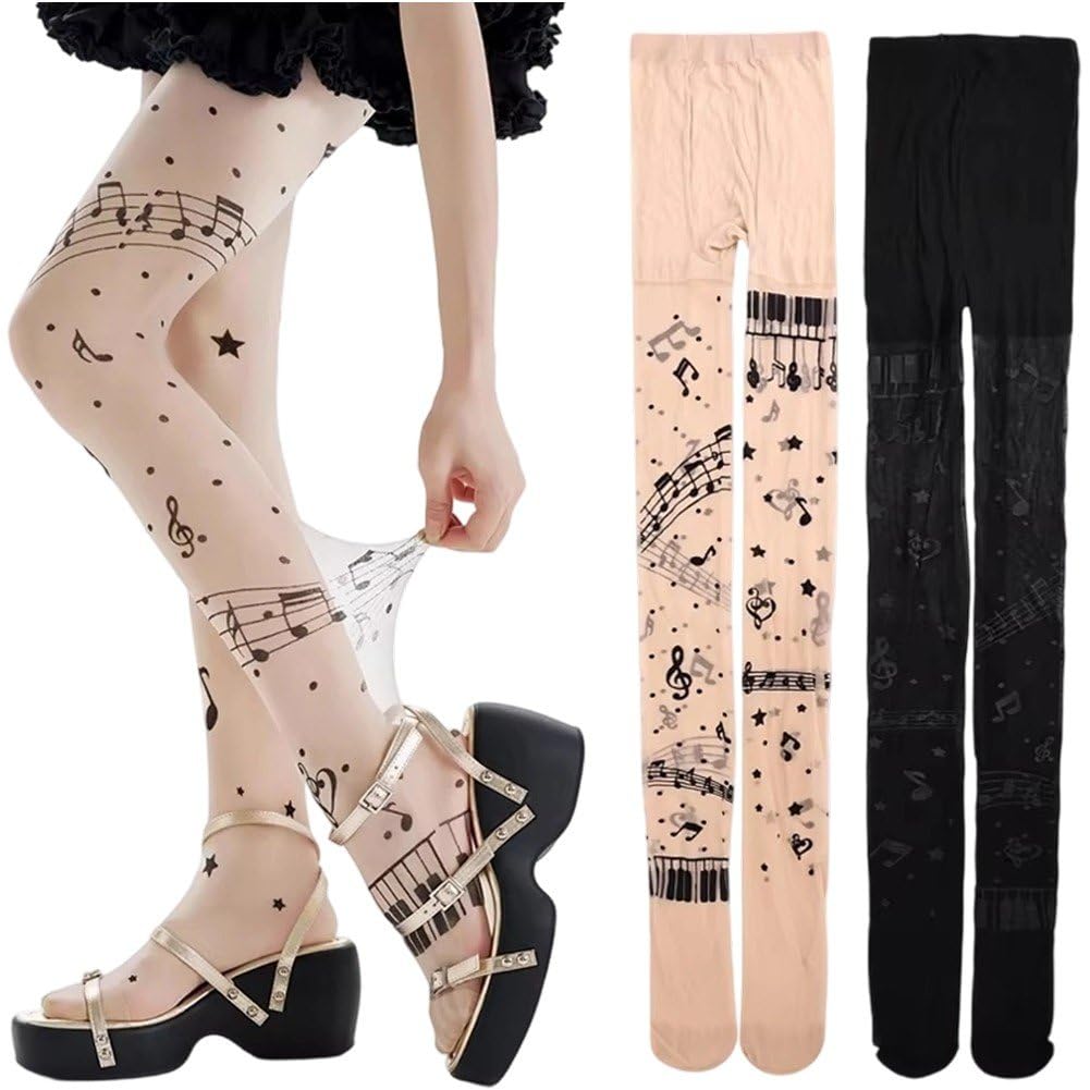 Luxylei Women's Skin Color + Black 2 Pairs Whimsy Twee Piano Tights Funky Musical Note Printed Stockings Goth Whimsy Clothes Y2k Aesthetic Sheer Stretch Pantyhose