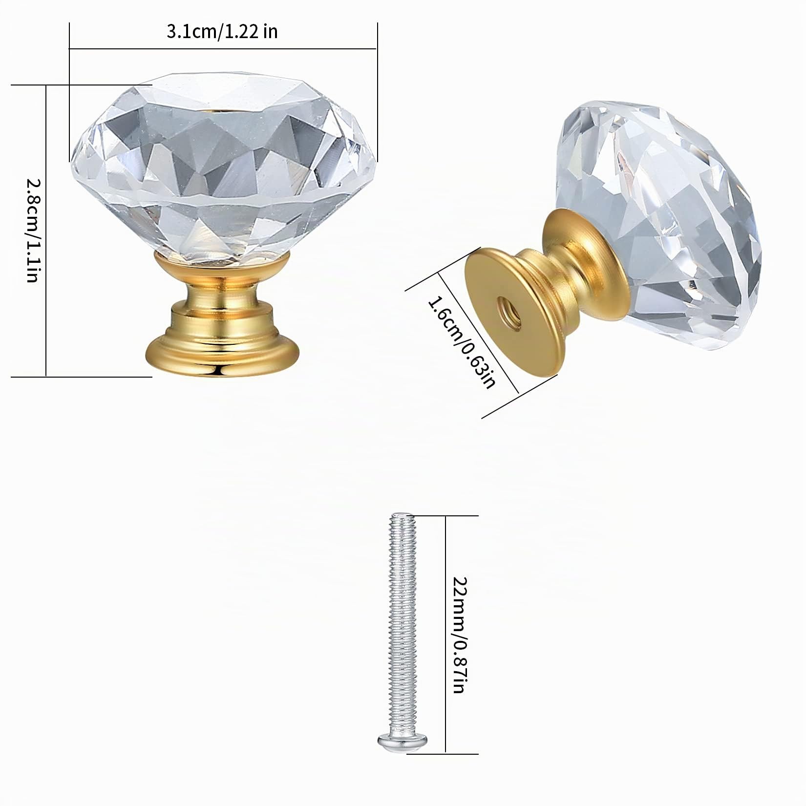 Botones de puerta de cristal con tornillo para armario (12 unidades), color dorado