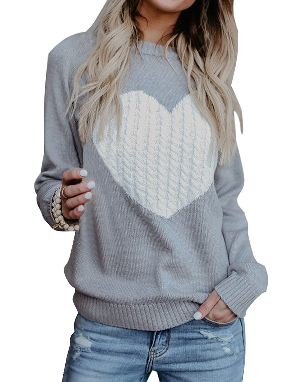 CogildWomen's Pullover Sweater Long Sleeve Crewneck Cable Knit Heart Cute Sweaters