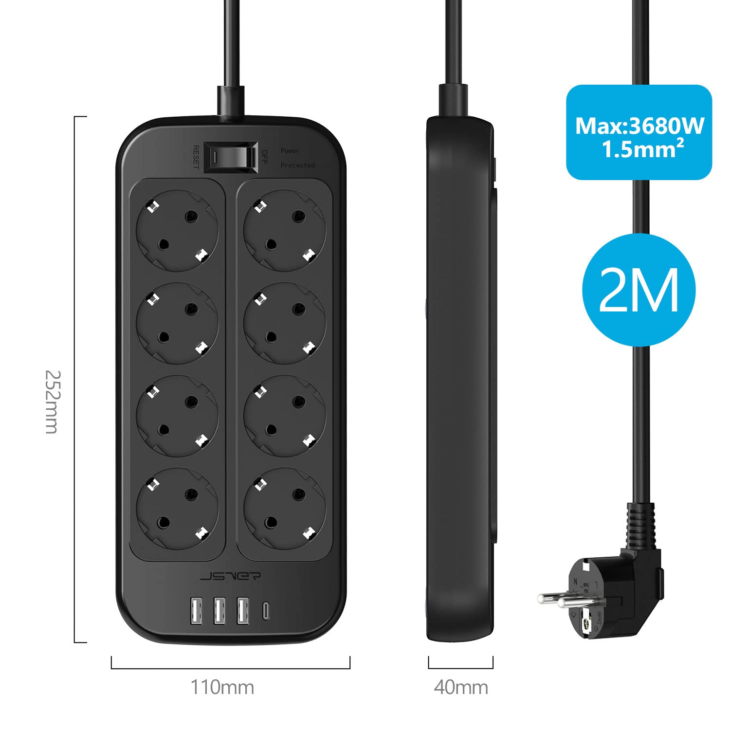 JSVER Regleta Enchufes USB, Proteccion Sobretension con 8 Toma de Corriente y 4 Puertos(5V3,4A) Estación de Carga Inteligente Tomas Alargadora con Cable 1.8m-Negro — view 6