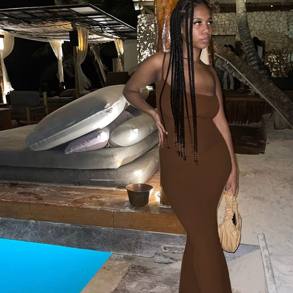 TOFBS Donna Spaghetti Strap Senza Maniche Vestito Aderente Casual Vestito Lunghi Sexy Senza Schienale Bodycon Maxi Vestito Club Abito da Festa Abito da Cocktail Vestito Donna Estiva