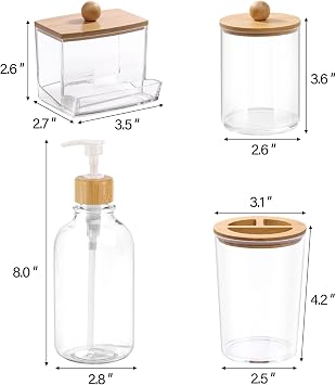 Bamboo Bathroom Accessories Set 4 Pcs - Clear Toothbrush Holder Plastic Soap Dispenser and 2 Qtip Holder Cotton Swab/Pad/Ball Container Jar