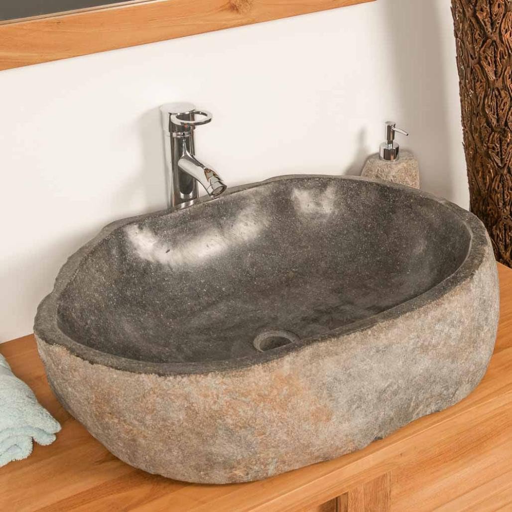 Wanda collection - Grande Vasque en Pierre Naturelle Galet de rivière 50 cm