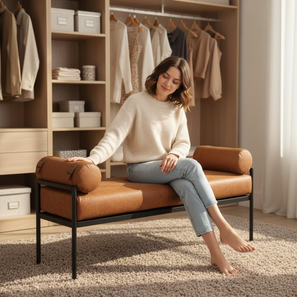 Leather Bed Bench 55 Inch Long Bedroom Bench Padded Upholstered Ottoman Bench with Removable Pillows Modern Rectangle Entryway Bench Seat for Living Room/Foyer, Brown