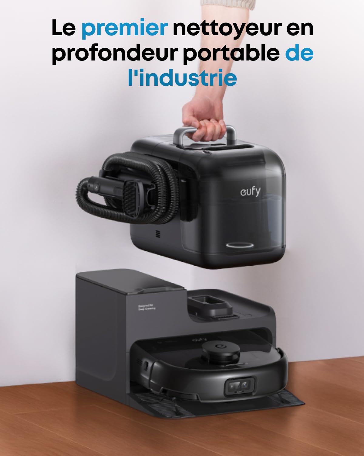 eufy Robot aspirateur Omni E28, Nettoyeur en Profondeur Portable, système HydroJet, Aspiration Turbo de 20 000 Pa, brosses démêlantes DuoSpiral, Bras CornerRover, Station Tout-en-Un