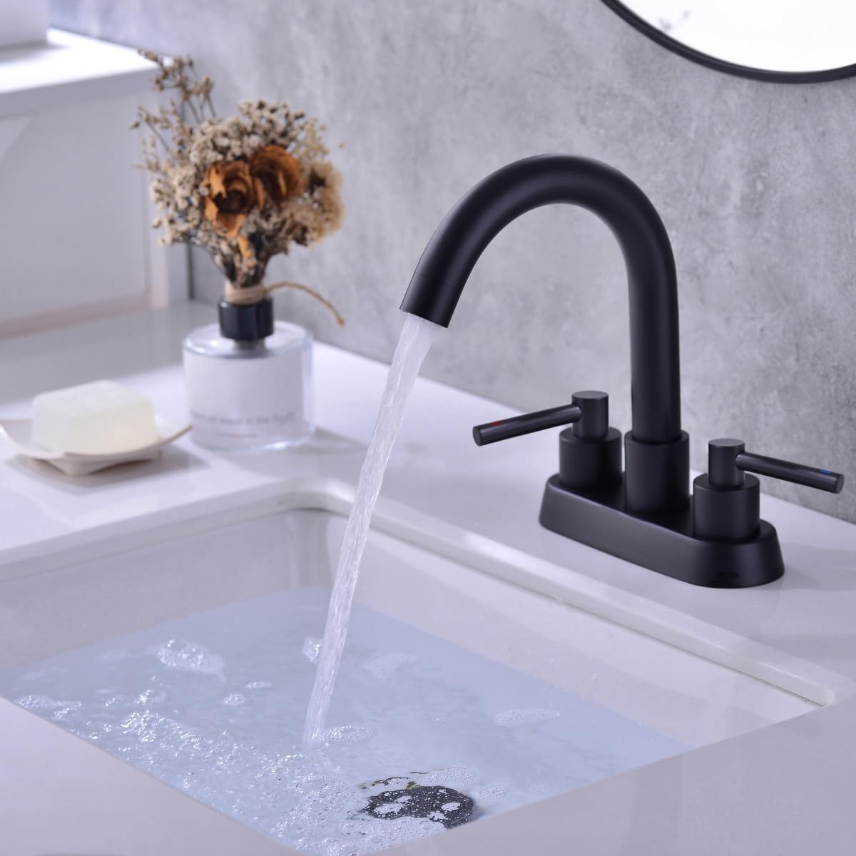 TRUSTMI Bathroom Faucet 2 Handle Lavatory Sink Faucet with Overflow Pop Up Drain Assembly, 4 Inch Centerset 3 Hole Deck Mounted, 360° Swivel Spout, cUPC Water Supply Lines Included, Matte Black