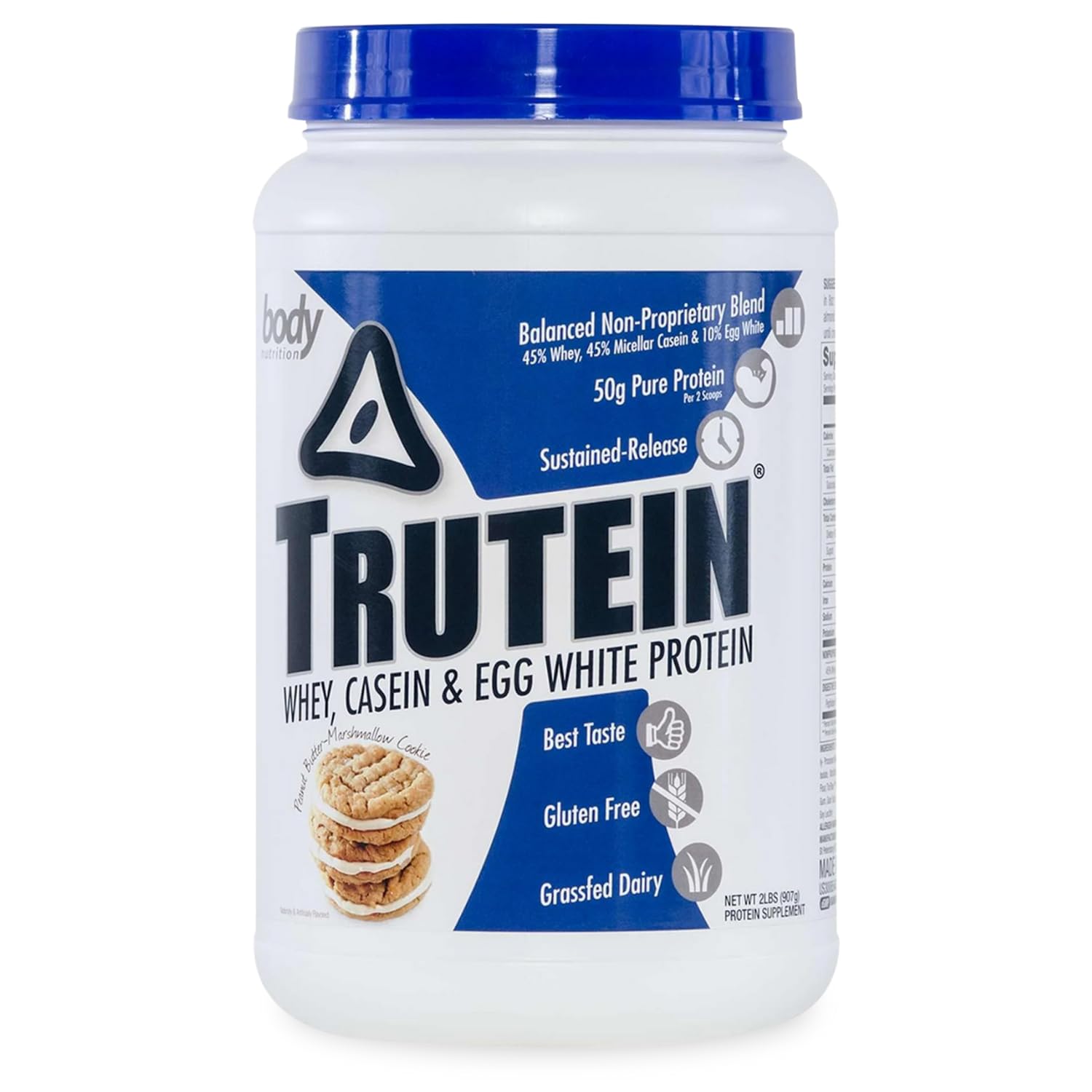 Body Nutrition Trutein High Protein Powder: 45% Whey, 45% Casein, 10% Egg White, Gluten-Free, Low Sodium, Grass Fed Whey Protein Powder, Gym Supplement & Breakfast Shake, Peanut Butter Marshmallow 2lb