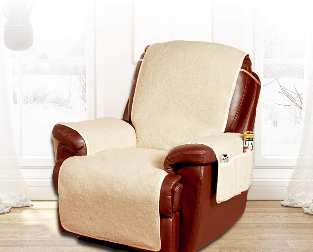 Relax love Fleece Armchair Sofa Cover Mat Protective Recliner Cushion Soft & Cozy Furniture Protector with Storage Pockets & Elastic Strap