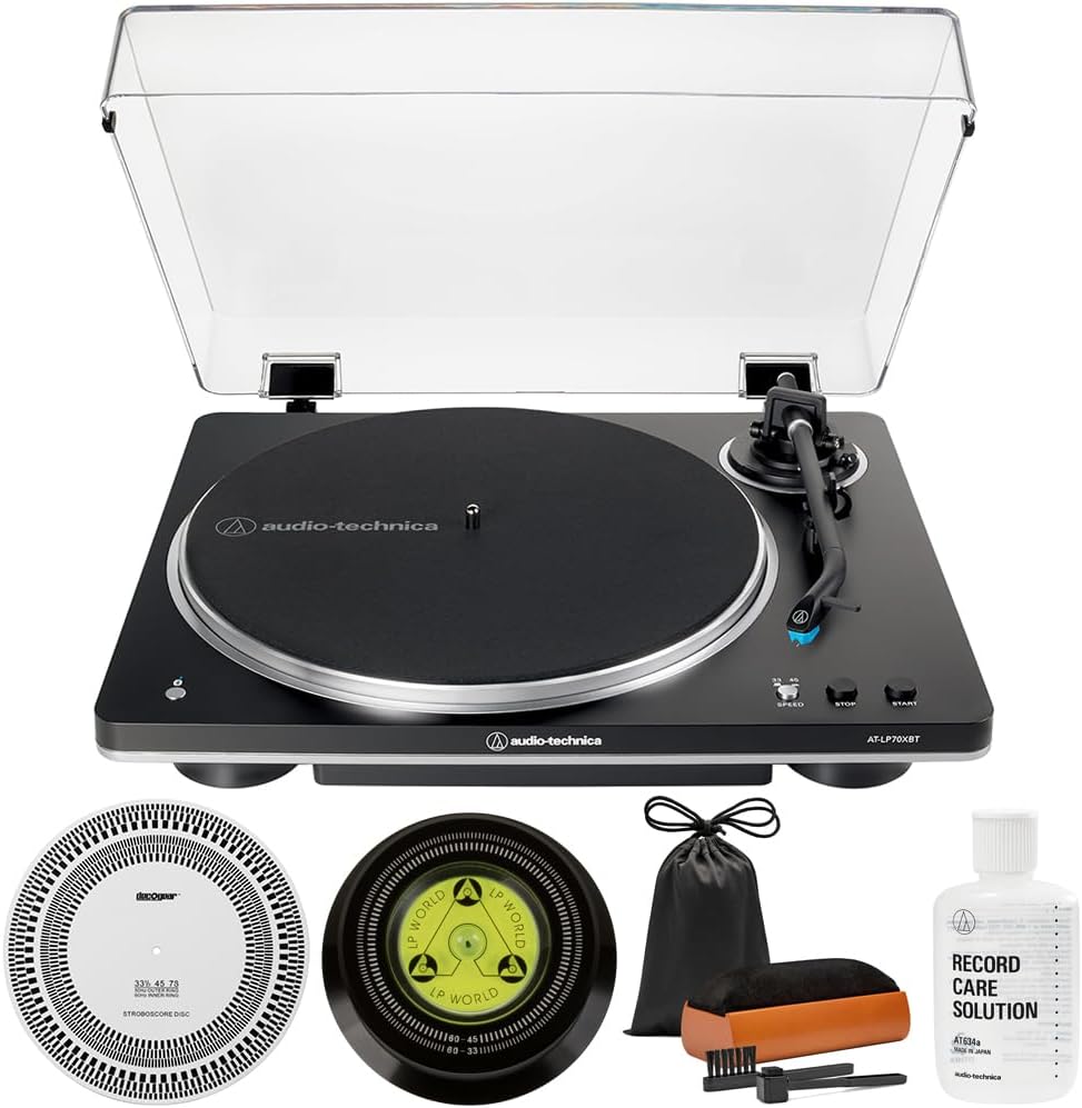 Audio-Technica AT-LP70XBT-BS Fully Automatic Wireless Belt-Drive Turntable, Black/Silver Bundle with Record Care Solution, Deco Gear Cleaning Kit, Stroboscope and Record Stabilizer