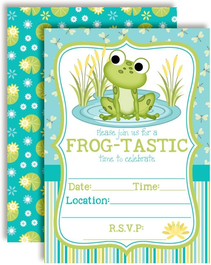 Amanda Creation Little Frog Birthday Party Invites - Frog-Tastic Invitations for Boys, 20 5x7 Double Sided Fill-In Cards with Twenty White Envelopes