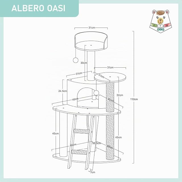 Foto 7 de 7 de PATAM Árbol rascador de sisal Natural para Gatos con Escalera y caseta de Peluche, Base Reforzada y fácil…