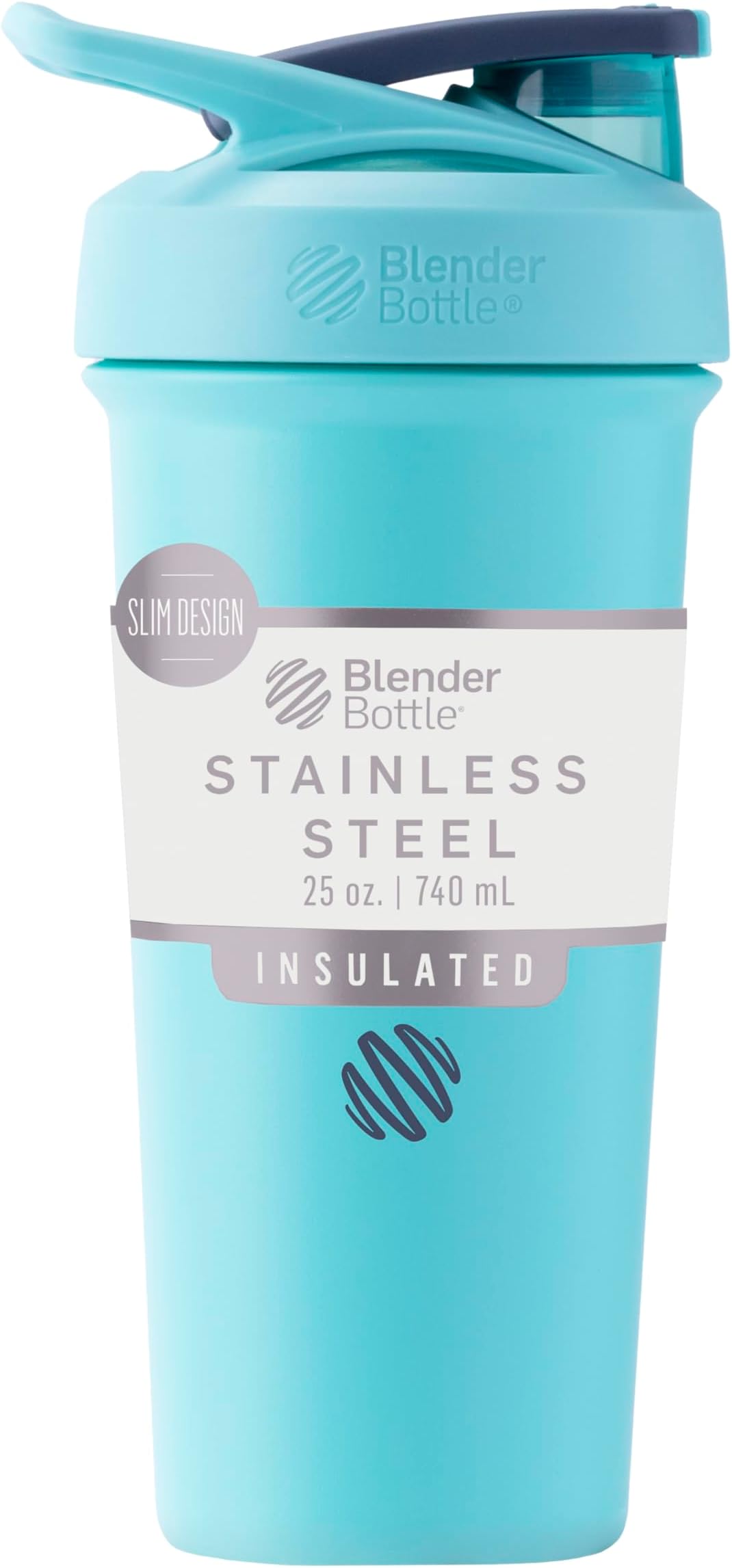 BlenderBottle Sport Sleek Shaker Cup Insulated Stainless Steel Water Bottle with Wire Whisk, 25-Ounce, Seafoam