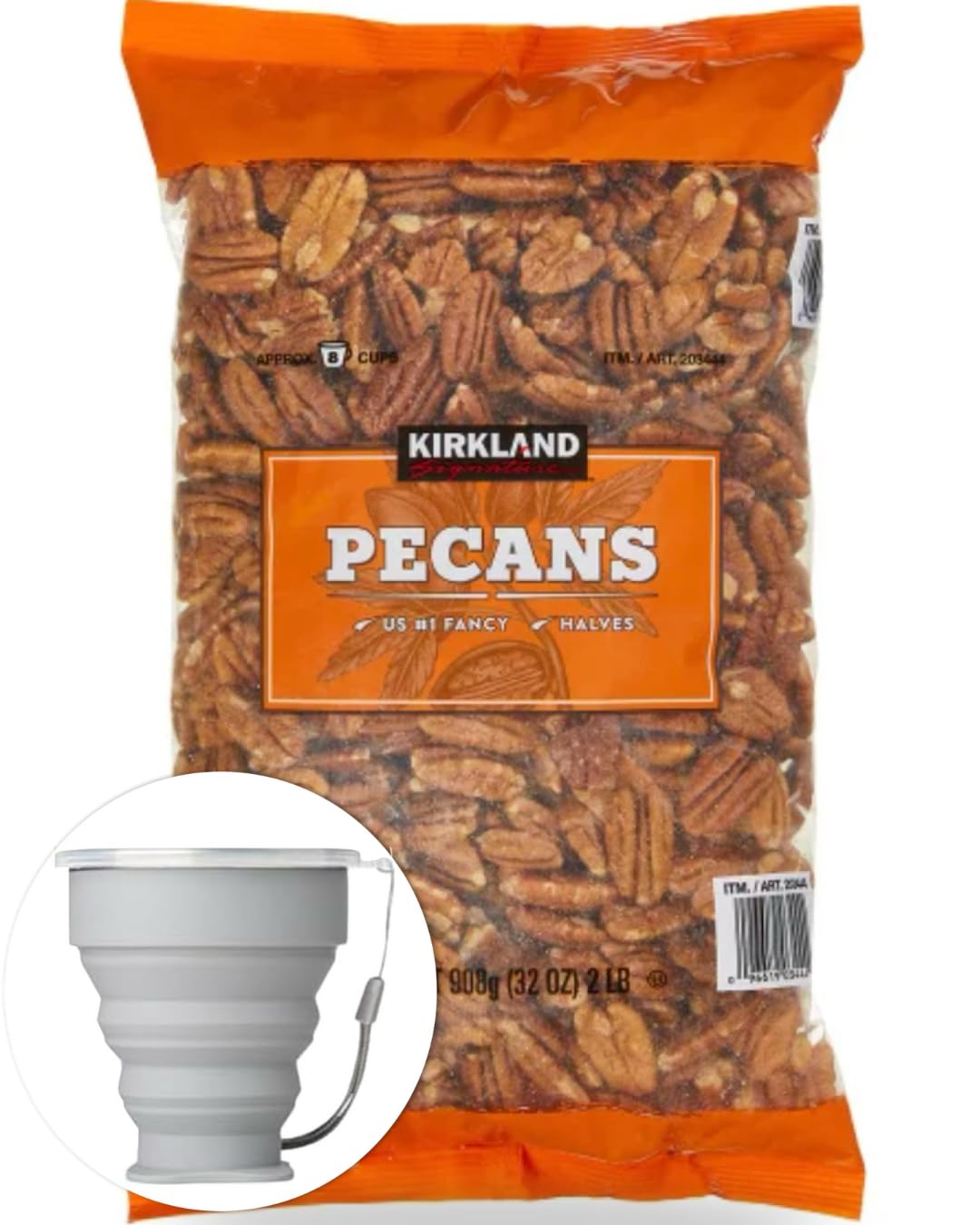 Kirkland Signature Pecan Halves 2 lbs Baking Nuts + MORALZA Silicone Collapsible Cup 200ml Bundle - Fresh Quality Snack