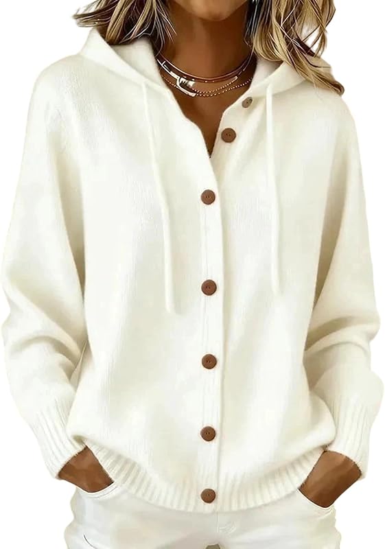 Women Hooded Button Front Knit Cardigan Top Drawstring Long Sleeve Loose Soft Sweater Coat Winter Warm Daily Blouse