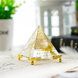 KRISININE Crystal Pyramid with Egyptian Gold Character Crystal Pyramid Statue with Gold Stand Glass Paperweight Ornament S...