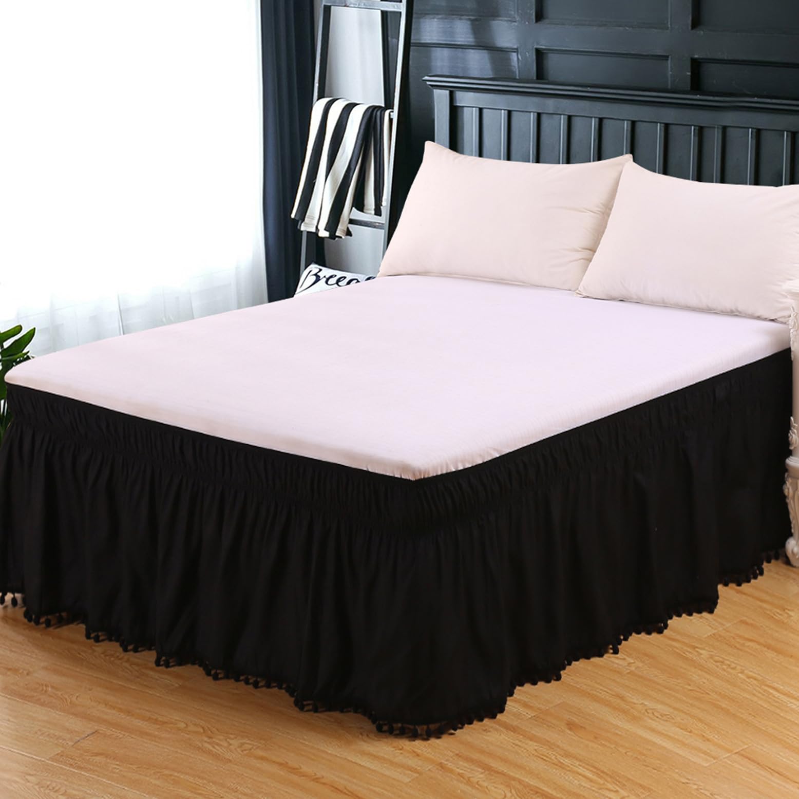 Cache-sommier de qualité supérieure drap de lit noir à volants doux de 38 cm pour lit Queen
