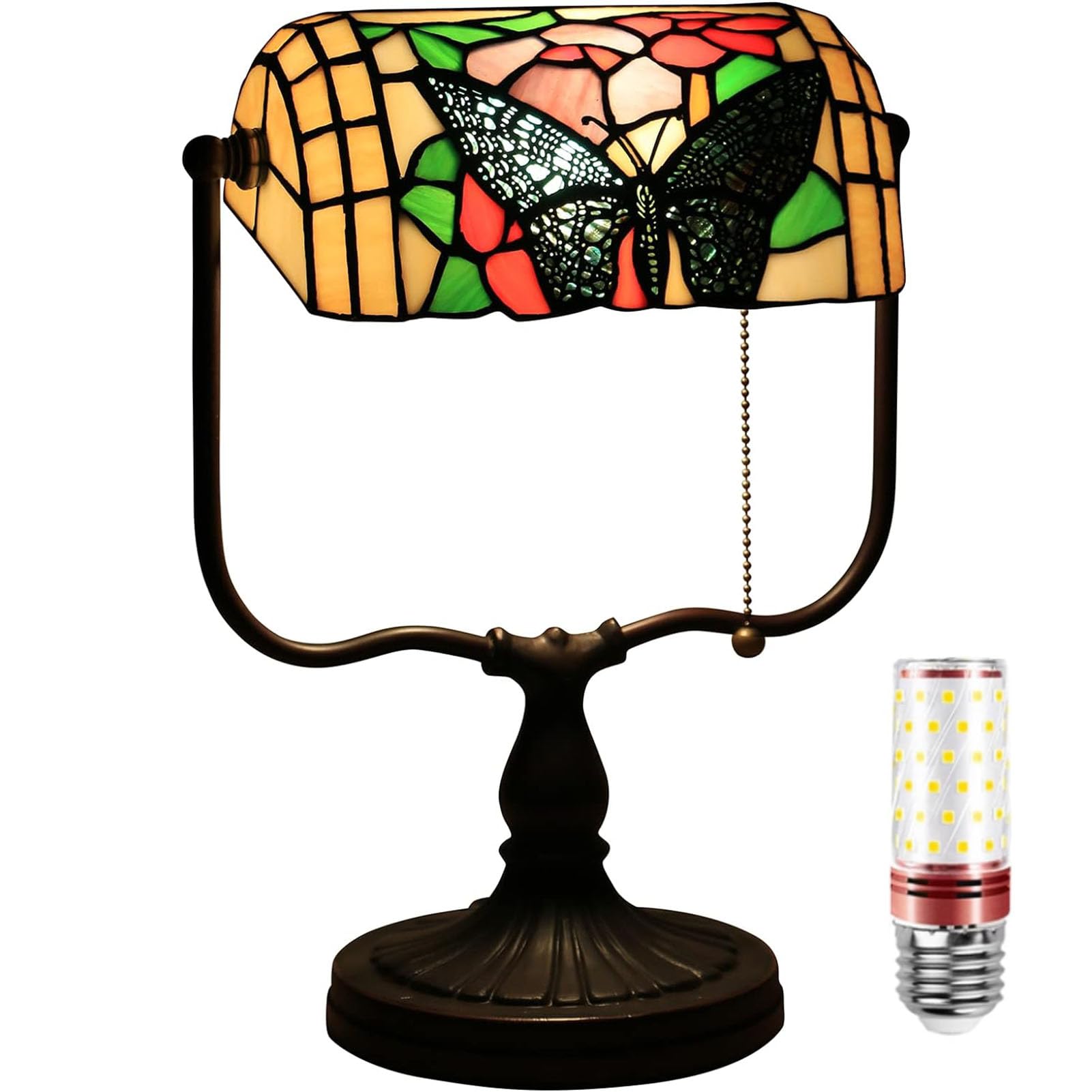 Aioneer Bankers Desk Lamp, Tiffany Lamp With Pull Chain Switch, Glass Table Lamp, Reading Lamps For Bedside Table, Art Deco Lamps-L