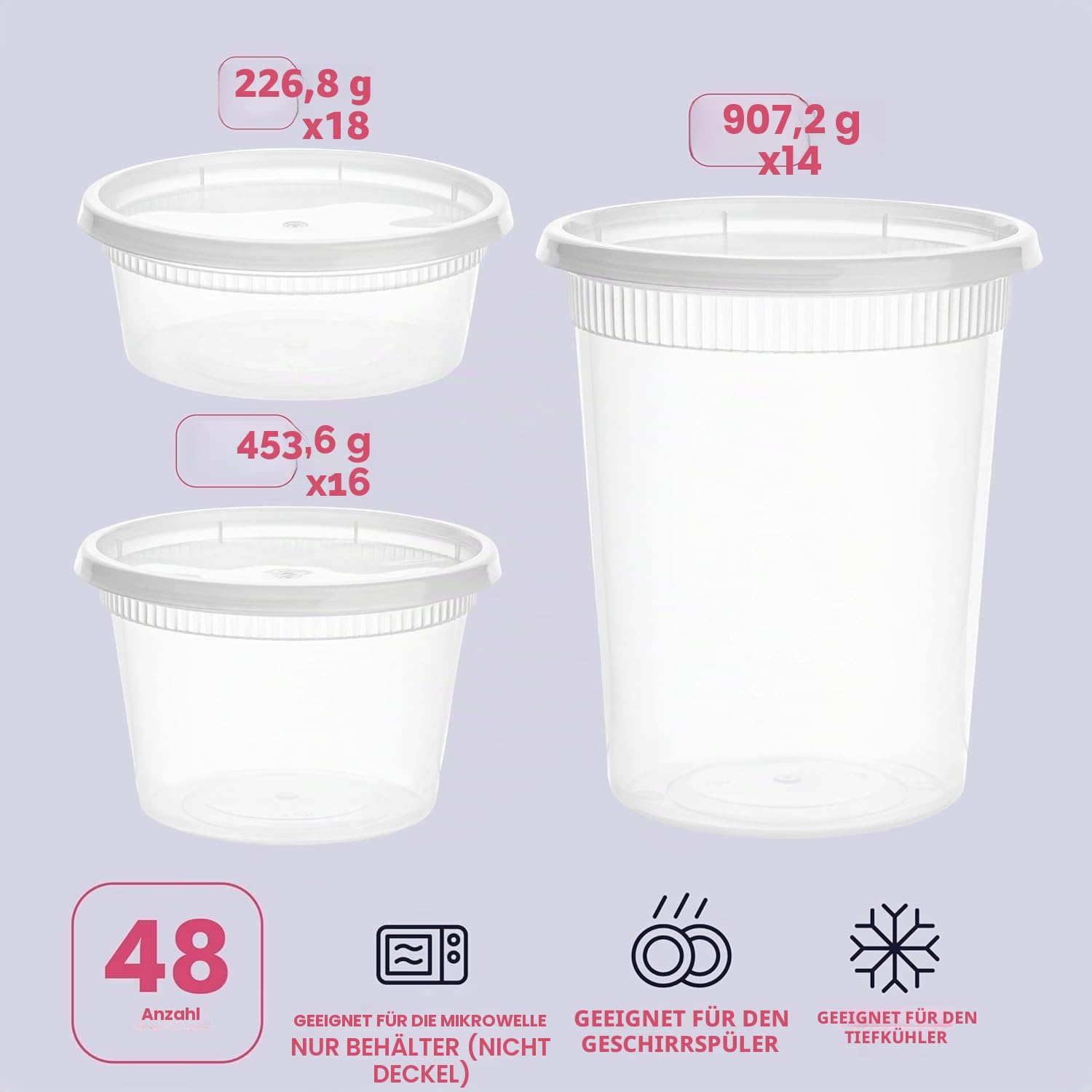 Frischhaltedosen mit Deckel – [48 Stück] – (3 Größen – 8, 16 & 907.2 g) – Kunststoff-Deli-Behälter Variaty-Pack – Suppenbehälter mit luftdichten Deckeln – mikrowellen-, gefrier- und spülmaschinenfest