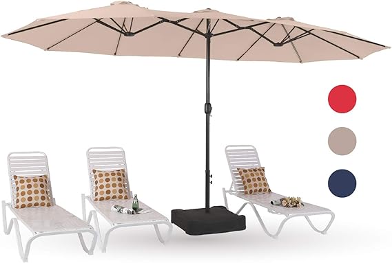 PHI VILLA 15ft Large Patio Umbrellas with Base Included, Outdoor Double-Sided Rectangle Market Umbrella with Stand, Outside Umbrellas for Poolside Lawn Backyard, Beige