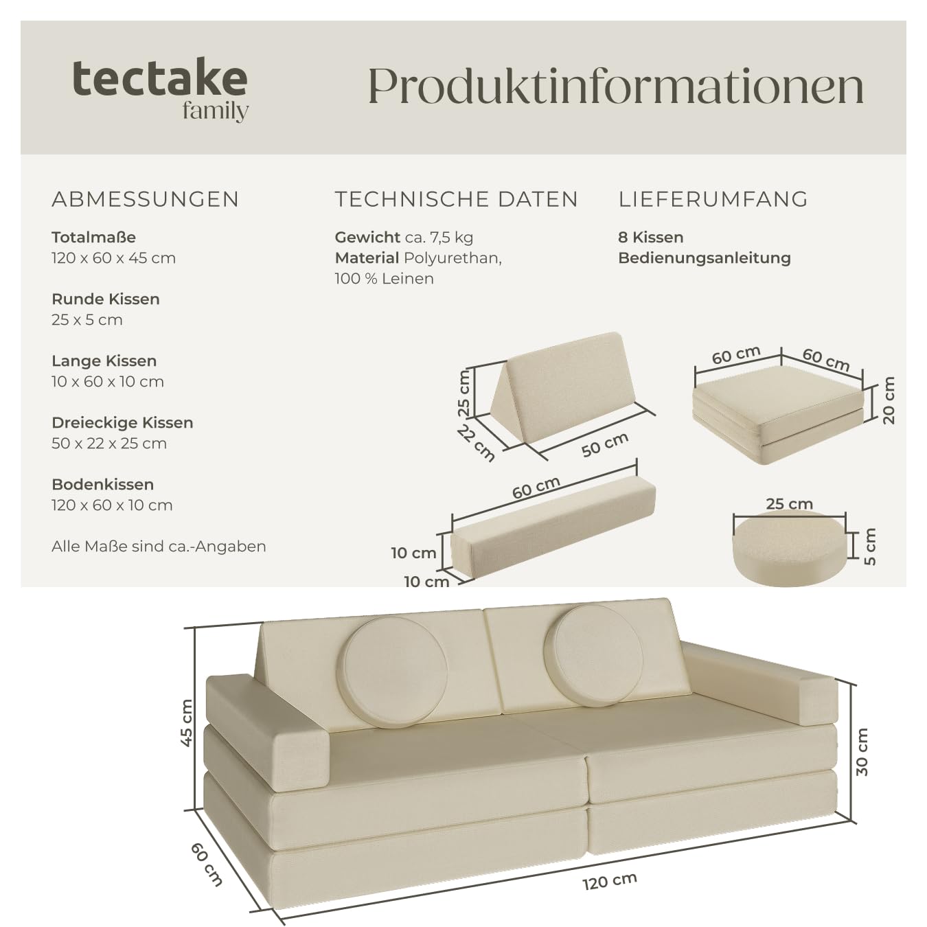 tectake® Spielsofa, Kindersofa klappbar, modulares Sofa mit Spiel- und Schlaffunktion, Möbel für Kinderzimmer, Indoor Spielplatz, Couch oder Sitzkissen, Schaumstoff Stapelsteine - 120 cm, beige