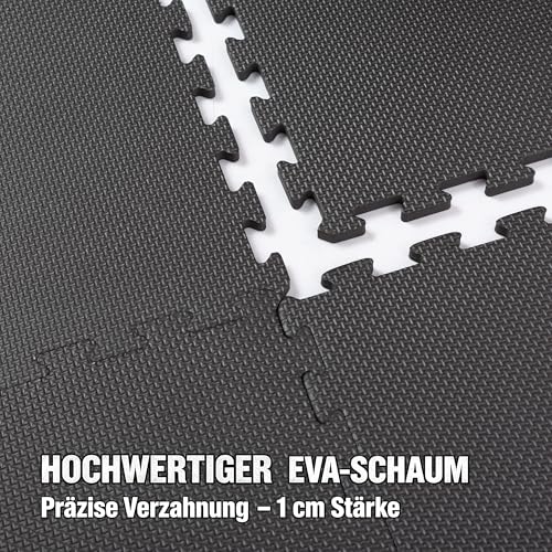 Bodenschutzmatte 60x60x1cm – Eva Puzzlematte für Fitness, Heimtraining & Pool – strukturierte Oberfläche, stoßdämpfend – 12/48 Teile – Sportmatte, Turnmatte, Unterlegmatte Grau & Schwarz