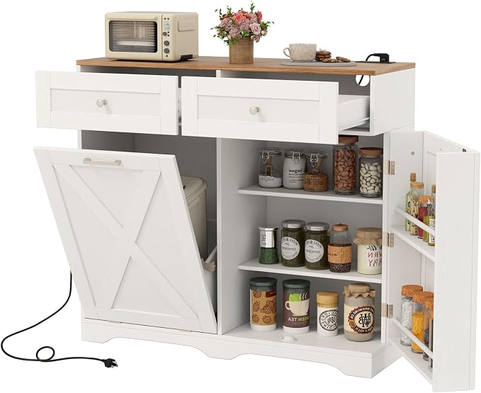 Giantex Tilt Out Trash Can Cabinet 10 Gallon, Kitchen Island with Power Outlet, 2 Drawers, Adjustable Shelves, Hidden Storage Garbage Bin Cabinet for Laundry Room Dining Room (White+Walnut)