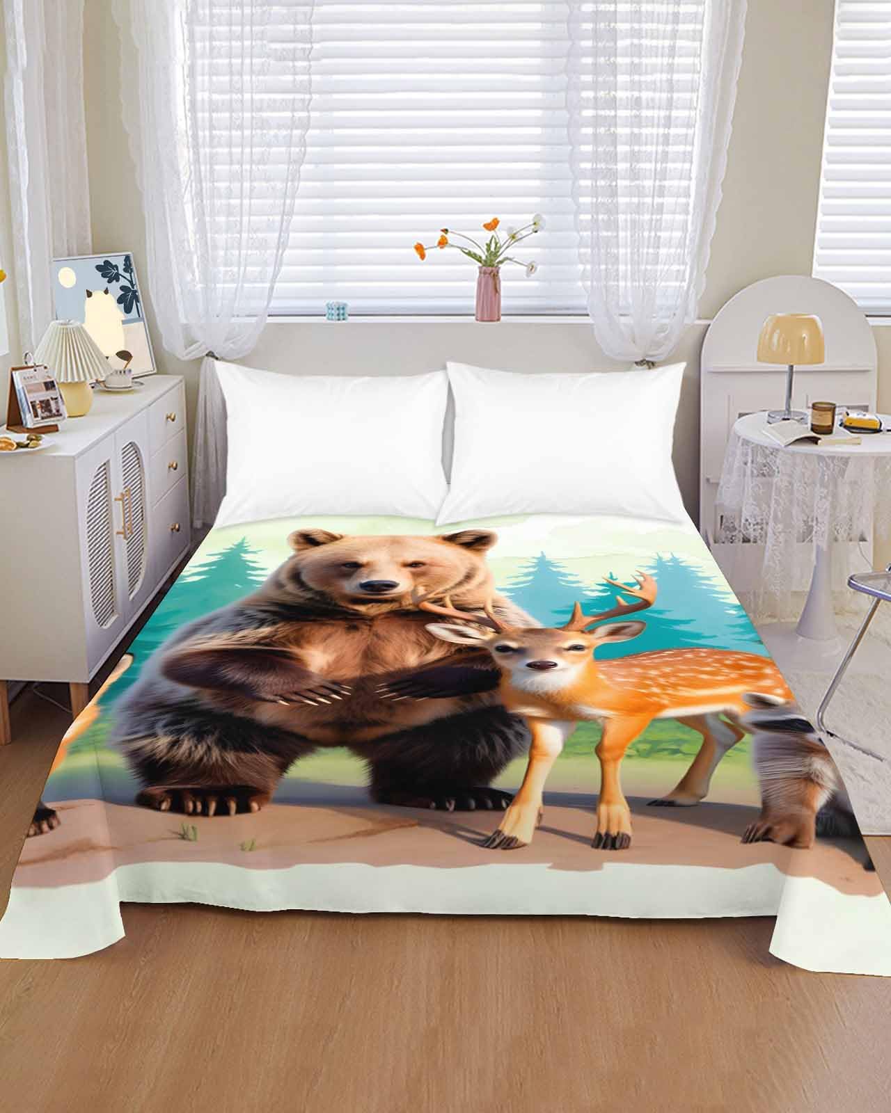 Twin Top Sheets Easy Care, Forest Bear Deer Fox Squirrel Super Soft Bed Sheets, Farmhouse Animal Plant Tree Hotel Luxury Bedding Flat Sheet for Women/Men/Kids