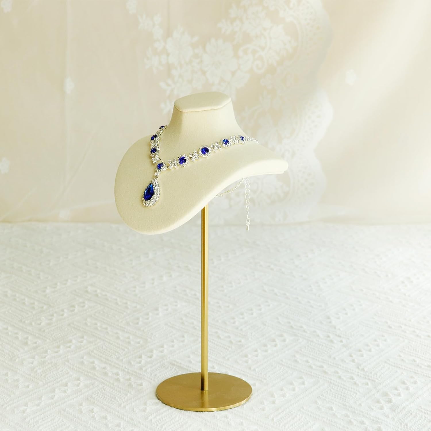 Beige White Microfiber Leather Necklace Display With Stainless Steel Stand – Jewelry Bust For Shops, Markets, Or Home – 9.84in / 25cm With Anti-Slip Clips