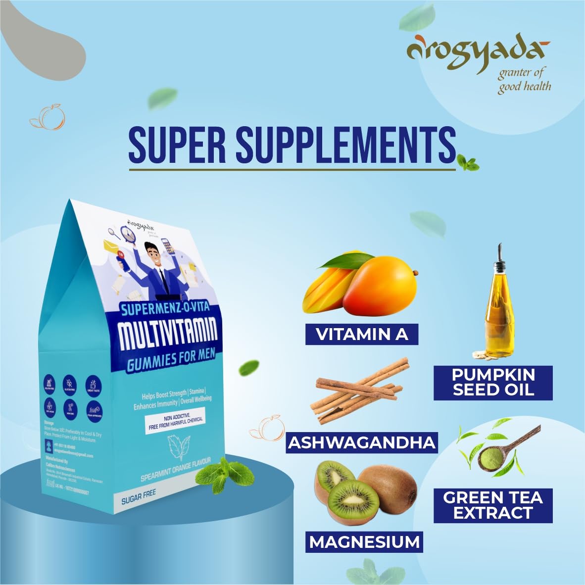 Arogyada Super Menz-O-Vita Multivitamin Gummies with Vitamin A, Ashwagandha, Magnesium, Pumpkin Seed Oil & Green Tea Extract|30 Gummies pack for Men | Great Taste | Sugar Free|Spearmint Orange Flavor Arogyada Super Menz-O-Vita Multivitamin Gummies with Vitamin A, Ashwagandha, Magnesium, Pumpkin Seed Oil & Green Tea Extract|30 Gummies pack for Men | Great Taste | Sugar Free|Spearmint Orange Flavor