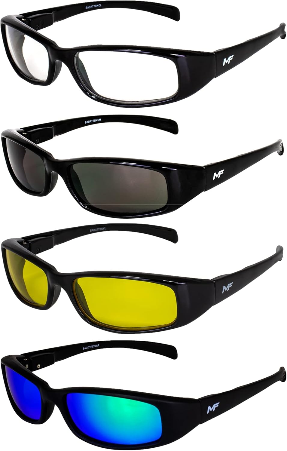 4 Pairs of MF Eyewear Bad Attitude Motorcycle Glasses Shatterproof Polycarbonate Black Frame UV400 Filter, Scratch-Resistant Motorcycle Riding Glasses Clear, Smoke, Yellow & Green Mirror Lenses