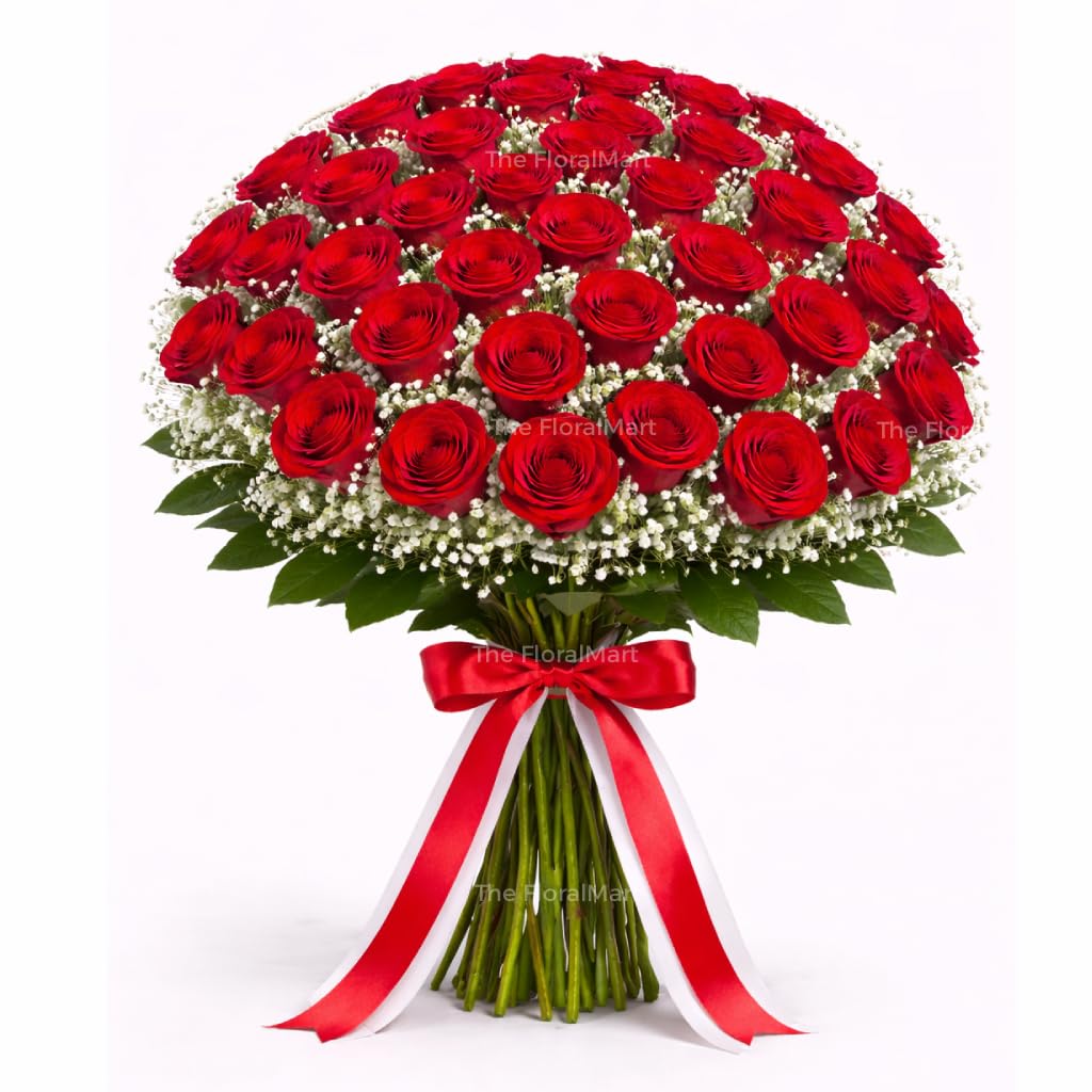 The FloralMart Fresh Flowers Bunch of 50 Red Roses Hand Tied with Ribbons with Seasonal Fillers, for Birthday Gift, Anniversary Gift, Wedding Gift, Valentines Day Gift, (Same Day Delivery)-picture-21