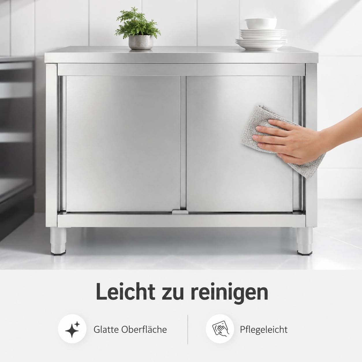 Outdoor Küche Edelstahl, 100x50x86cm Edelstahl Schrank mit Schiebetüren und Arbeitsplatte, 5-20 cm Verstellbare Höhenlagerung Bodenstehend Arbeitsschrank Küchenarbeitstisch für Küche, Garage, Kantinen