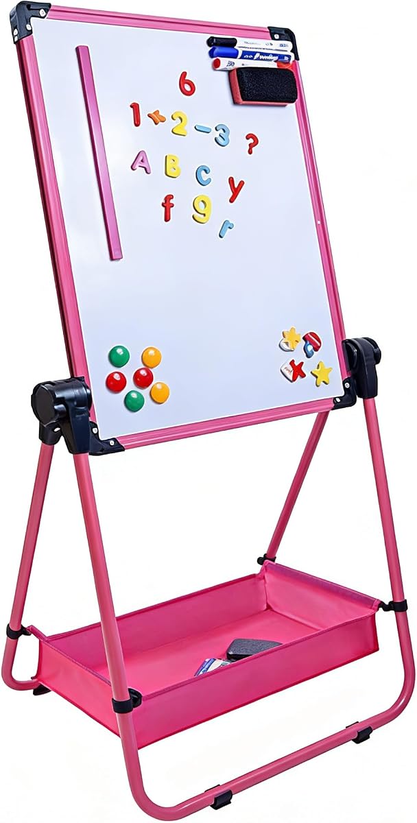 Dry Erase Easel Whiteboard 18'' x 24 '',Double Sided Magnetic Chalkboard with Height Adjustable U-Stand,Portable Art White Board for Kids, Toddlers,Home,Classroom and Office(Pink)