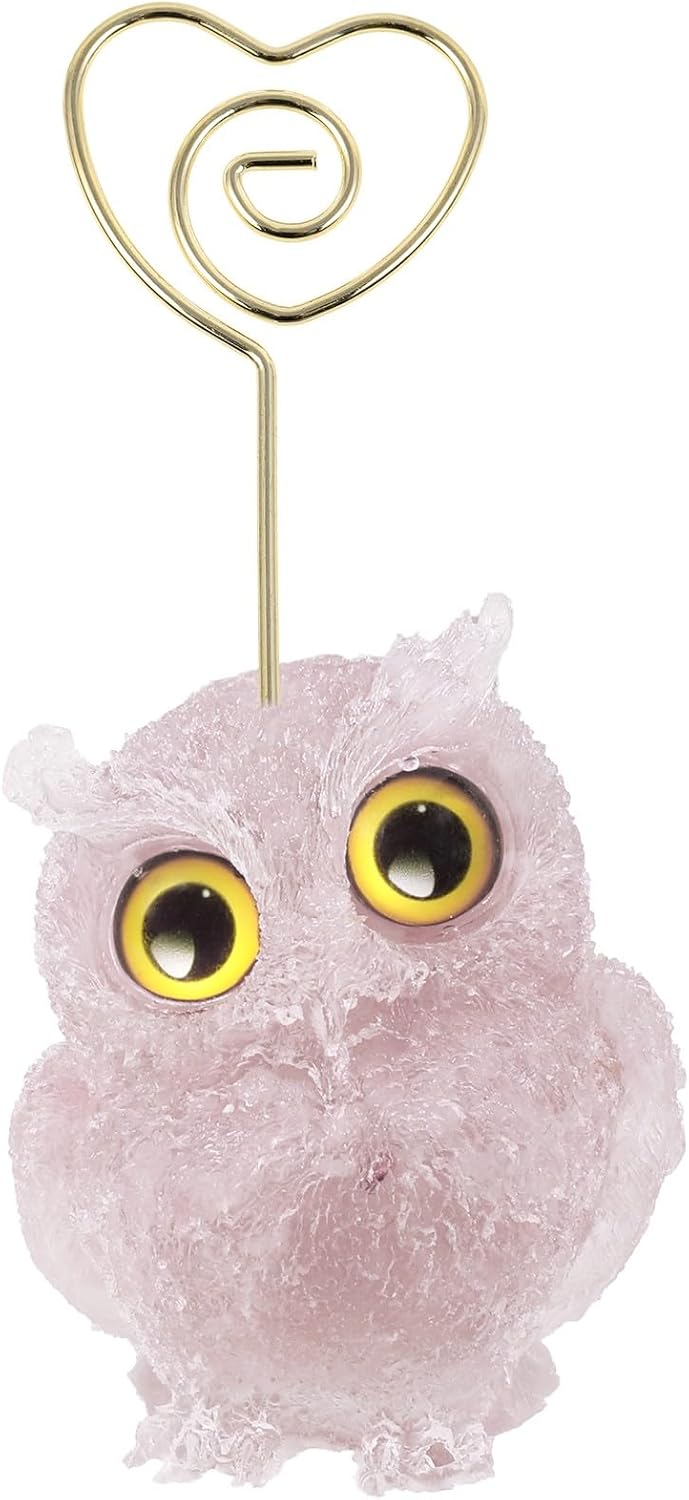 mookaitedecor Rose Quartz Owl Statue Crystal Card Holder Stand, Cute Animals Figurine Clip Photo Holders for Desk, Sticky Notes Holder for Office