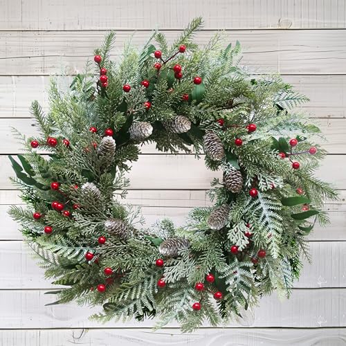 24 Inch Snow Flocked Christmas Wreath with Pine Cones and