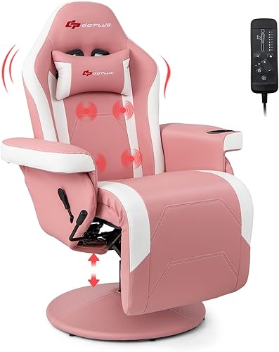 Miniatura 10 de Goplus Silla Gaming, Silla de Videojuegos de Masaje Ajustable en Altura con Reposapiés Retráctil, Portavasos, Reposacabezas, Silla Giratoria de