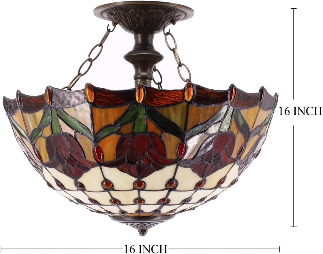 WERFACTORY Tiffany Ceiling Light Fixture Red Yellow Tulip Stained Glass Semi Flush Mount Lamp Wide 16 Inch Height 15 Inch Tiffany Ceiling Lamp S030 Series